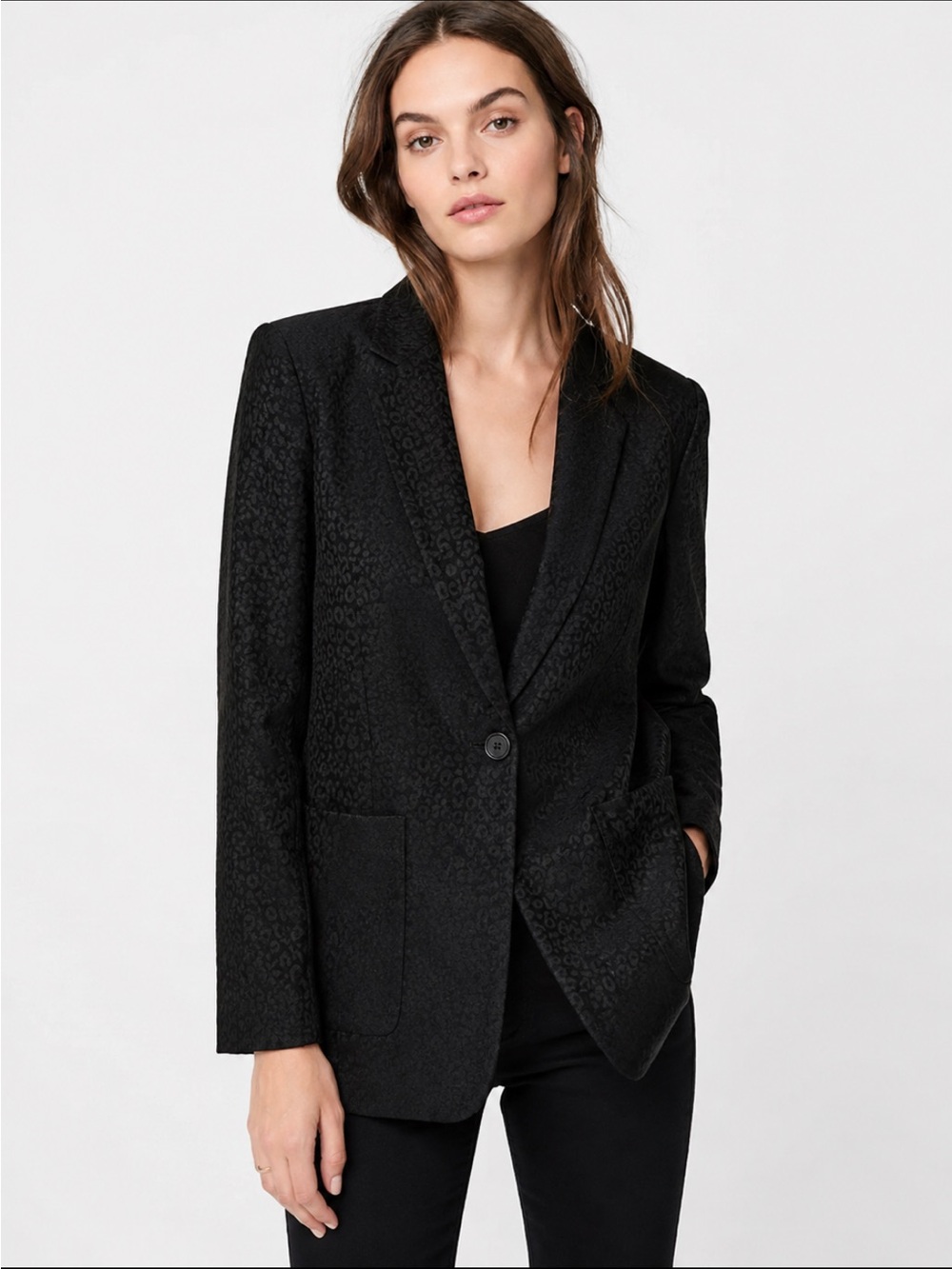 Elizabeth and James Black Single-Button leopard Jacquard Blazer